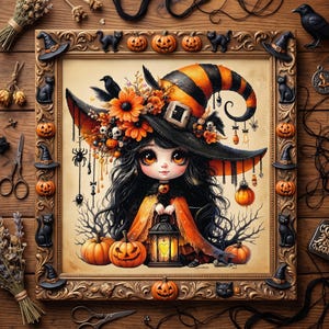 Peut inclure: Une illustration encadrée représentant un personnage aux longs cheveux noirs portant un grand chapeau de sorcière rayé orange et noir orné de fleurs orange, de crânes et de breloques. Le personnage tient une lanterne allumée, entouré de citrouilles.