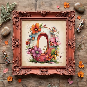 May include: A framed cross-stitch embroidery featuring the letter O decorated with colorful flowers, green leaves, and butterflies. The ornate, reddish-brown frame has embossed insect details. The artwork is set against a light, grid-patterned fabric.