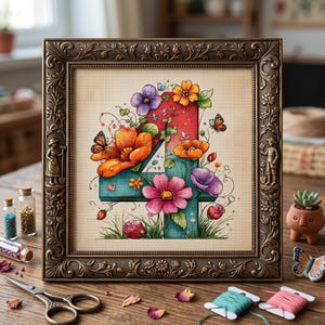 May include: A cross-stitch embroidery of the number four decorated with colorful flowers and butterflies, framed in an ornate dark bronze-colored frame with embossed figures of people on the sides, set against a light beige fabric background.