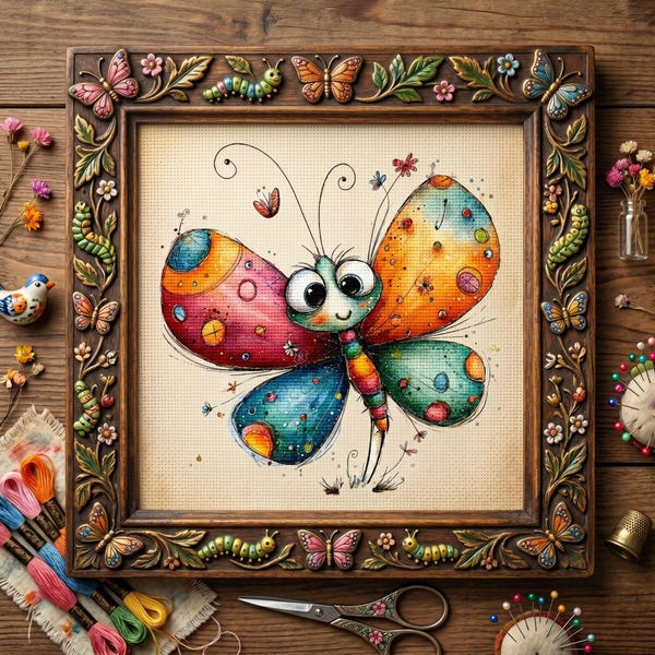 Whimsical Rainbow Butterfly Cross Stitch Pattern – Cute Fantasy Butterfly Embroidery PDF