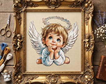 Patrón de punto de cruz de un angelito guardián de ensueño – Bordado de querubín adorable en PDF