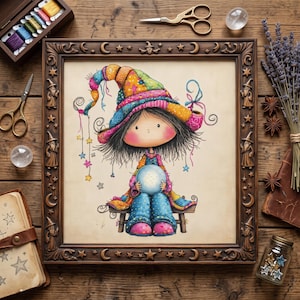 May include: A framed cross-stitch embroidery featuring a character with dark hair and pink cheeks wearing a colorful patchwork hat and blue trousers, holding a glowing orb while sitting on a bench, surrounded by dangling star-shaped charms.