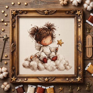 May include: A cross-stitch embroidery of a small angel with messy brown hair in pigtails, wearing a white robe and red shoes, sitting on a cloud while holding a gold star wand. The artwork is displayed in a dark wood frame with gold star accents.