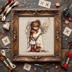 May include: A framed cross-stitch embroidery depicting an angel with large wings embracing a small child holding a teddy bear. The ornate wooden frame features carved cherubs. Surrounding the frame are embroidery floss, scissors, and fabric swatches.