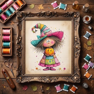 Puede incluir: Un patrón de punto de cruz enmarcado que muestra un personaje de dibujos animados con cabello castaño desordenado, un sombrero grande, colorido y estampado, y un vestido de retazos, sosteniendo una pequeña calabaza naranja sonriente, rodeado de artículos de costura.