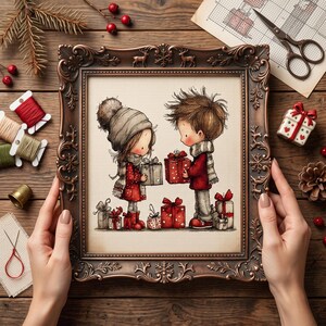 Cute Christmas Couple Cross Stitch Pattern – Winter Gift Exchange Embroidery PDF image 2
