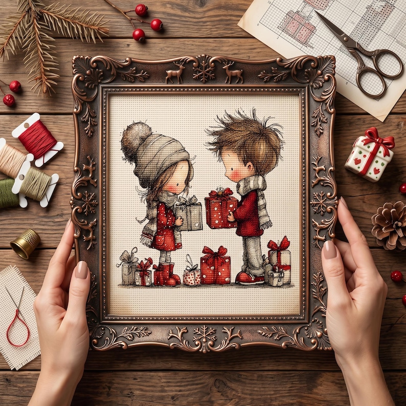 Cute Christmas Couple Cross Stitch Pattern – Winter Gift Exchange Embroidery PDF image 2