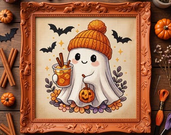 Patrón de punto de cruz de un lindo fantasma otoñal – Bordado en PDF de una acogedora calabaza de Halloween y una bebida helada
