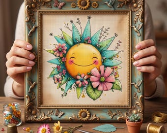 Patrón de punto de cruz Sol sonriente floral – Bordado veraniego alegre en PDF