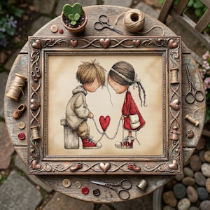 Può includere: Un'opera d'arte a punto croce incorniciata raffigura due bambini che tengono un cuore rosso. La cornice è ornata da cuori e volute. Attrezzi da cucito, come rocchetti di filo, forbici e bottoni, circondano l'immagine.
