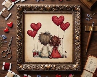 May include: A framed cross-stitch artwork depicts two figures holding heart-shaped balloons. The artwork is in a decorative gold frame, surrounded by spools of thread, scissors, and heart-shaped decorations on a wooden surface.