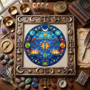 May include: A square wooden frame featuring bronze-toned zodiac motifs including scales, lions, and moons, surrounding a circular stained-glass style artwork of the Libra scales in vibrant blue, yellow, and red hues with intricate geometric patterns.