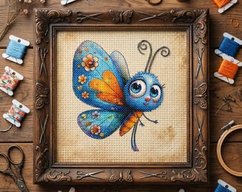 Patrón de punto de cruz de mariposa azul caprichosa – Bordado de insectos de fantasía adorable en PDF