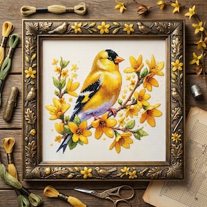 May include: Cross-stitch art of a yellow bird perched on a flowering branch, framed in a decorative bronze frame. The bird has black and white markings. Embroidery floss and scissors are arranged around the framed artwork.
