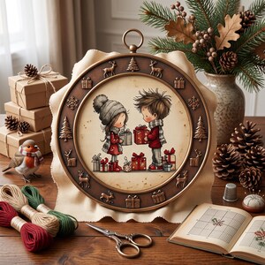 Cute Christmas Couple Cross Stitch Pattern – Winter Gift Exchange Embroidery PDF image 5