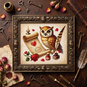 May include: A framed cross-stitch embroidery featuring a brown owl wearing glasses, a rolled parchment scroll with a red heart, a red rose, a lit candle, and an inkwell with a quill. The frame is dark bronze with owl and rose motifs.