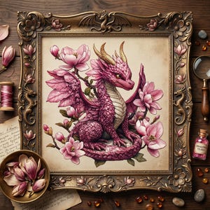 May include: A framed cross-stitch of a pink dragon surrounded by pink magnolia flowers. The dragon has gold horns and is set against a cream-colored background. The frame is ornate with floral and dragon details.