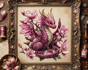Patrón de punto de cruz del dragón Sakura rosa – Bordado de dragón de fantasía en PDF