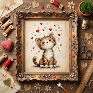 Può includere: Un ricamo a punto croce incorniciato di un gattino sorridente circondato da cuori e stelle rosse. La cornice dorata ornata è posta su una superficie di legno, circondata da forniture per cucire ed elementi decorativi.