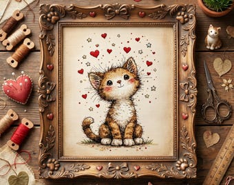 Patrón de punto de cruz de gatito Amor Estrellado – Bordado de gato adorable en PDF