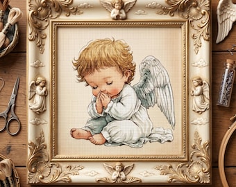 Patrón de punto de cruz de ángel guardián durmiente – Bordado de ángel para habitación infantil (PDF)