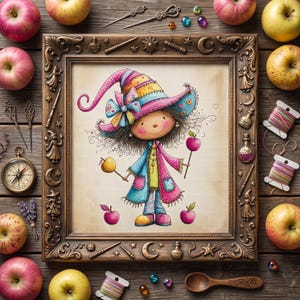 May include: A framed cross-stitch artwork featuring a whimsical character wearing a colorful, multi-patterned hat and coat, holding two apples on sticks. The ornate, dark brown wooden frame is decorated with embossed motifs of stars, moons, and wands.