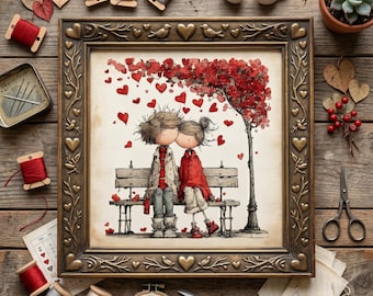 May include: A framed artwork depicts a couple kissing on a park bench under a tree with red heart-shaped leaves. The artwork is surrounded by craft supplies, including spools of thread, scissors, and embroidery hoops, on a wooden surface.