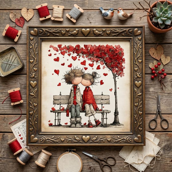 Romantic Couple on Bench Cross Stitch Pattern – Love Story Embroidery PDF
