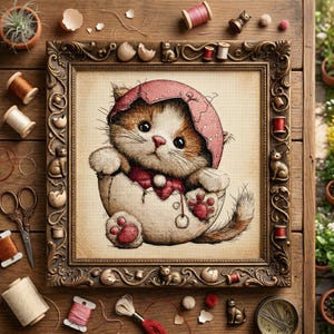 Op de afbeelding: Een ingelijste kruissteek van een katje dat uit een ei komt, met een roze eierschaalhoed en een rode strik. De lijst is versierd, met kat- en eierschaaldetails. Spoelen garen, scharen en andere knutselspullen omringen het frame, wat duidt op een knutselthema.
