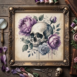 Patrón de punto de cruz de calavera y peonías lavanda – Bordado botánico gótico en PDF