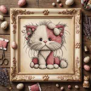 May include: A framed cross-stitch of a cat with pink and white fur, adorned with floral accents. The ornate, cream-colored frame features paw prints and floral details. The image is surrounded by craft supplies and decorative eggs, suggesting a crafting theme.