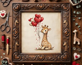 Patrón de punto de cruz de una linda jirafa con globos en forma de corazón – PDF de bordado de animales adorables