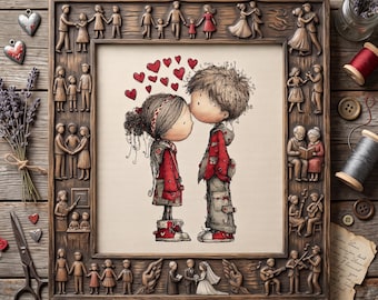 May include: A square wooden frame featuring carved figures of people in various life stages, surrounding a central cross-stitch illustration of two figures facing each other with red hearts floating above them on a beige fabric background.