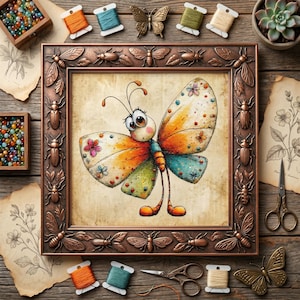 Puede incluir: Una obra de arte de punto de cruz enmarcada con una mariposa de alas naranjas, amarillas y azules, adornada con detalles florales. El marco de color bronce está decorado con motivos de insectos. La imagen está rodeada de suministros de artesanía.