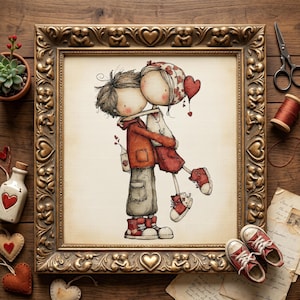 May include: A framed cross-stitch artwork depicts a couple embracing, with a heart-shaped frame. The artwork features a boy in a red jacket and gray pants hugging a girl in a red skirt and heart-patterned headscarf. Red sneakers and a small bottle with a heart are also visible.