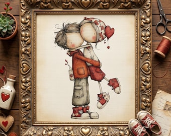 May include: A framed cross-stitch artwork depicts a couple embracing, with a heart-shaped frame. The artwork features a boy in a red jacket and gray pants hugging a girl in a red skirt and heart-patterned headscarf. Red sneakers and a small bottle with a heart are also visible.