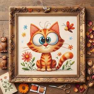 May include: A cross-stitch embroidery of an orange tabby cat with large blue eyes, surrounded by small flowers and a flying insect, set within an ornate wooden frame decorated with small paw prints and a bee figure at the top centre.