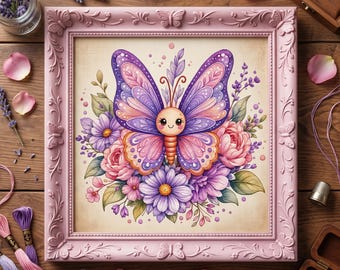 Patrón de punto de cruz de mariposas rosas y moradas – Bordado floral en PDF