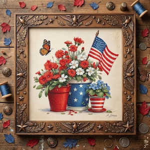 May include: A framed cross-stitch featuring patriotic imagery. It depicts red, white, and blue flowers in decorative pots, an American flag, and a butterfly. The frame is brown with eagle and star embellishments. The artwork is signed "A. Jones".