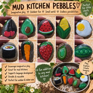 Puede incluir: Una colección de piedras de río grises y lisas pintadas a mano con coloridas ilustraciones de alimentos que incluyen cerezas, aguacate, sandía, maíz, un huevo frito, sushi, una zanahoria, fresa, kiwi y guisantes, mostradas individualmente y en un cuenco.