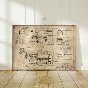 May include: A framed architectural blueprint of a mansion, featuring detailed floor plans for the first, second, and third floors, and basement. The vintage-style map includes handwritten notes and annotations, with the text "Planning of the Mansion" and "Confidential".