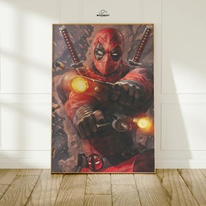 May include: A framed print featuring Deadpool in a red and black costume, holding two guns with glowing yellow lights. Two katanas are visible behind him. The Wild West logo is in the top right corner.