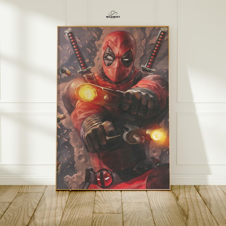 May include: A framed print featuring Deadpool in a red and black costume, holding two guns with glowing yellow lights. Two katanas are visible behind him. The Wild West logo is in the top right corner.