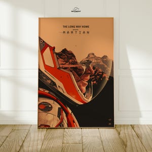May include: A framed poster featuring a space-themed design. The artwork depicts a person in a red and white spacesuit helmet, with a Martian landscape visible through the visor. Text at the top reads "THE LONG WAY HOME" and "...MARTIAN".