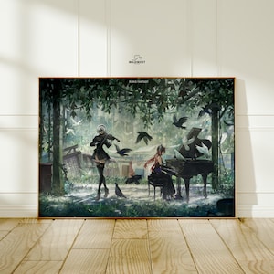 Könnte beinhalten: Ein gerahmter Kunstdruck mit einer Fantasieszene mit zwei Figuren, von denen eine Geige und die andere Klavier spielt. Das Kunstwerk spielt in einem Wald mit Vögeln und dem Text "RUINS FANTASY". Der Rahmen ist goldfarben.