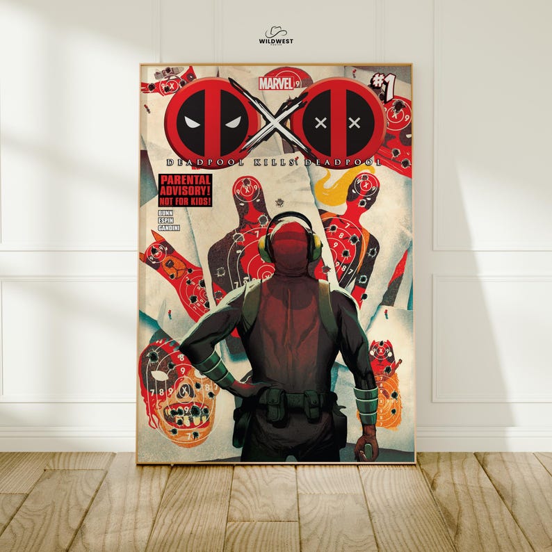 May include: A framed comic book art print featuring Deadpool. The artwork includes the text "DEADPOOL KILLS DEADPOOL" and "PARENTAL ADVISORY! NOT FOR KIDS!". The image has a red, black, and white color scheme, with a target shooting range theme.