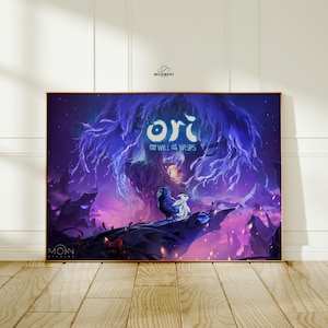 May include: A framed art print featuring the game "Ori and the Will of the Wisps." The artwork showcases a vibrant, fantasy landscape with a large, glowing tree and two characters. The color palette includes shades of purple, blue, and white.