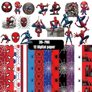 May include: A digital art pack featuring Spider-Man. The image includes multiple illustrations of Spider-Man in various poses, alongside patterned digital papers with spiderwebs, spiders, and cityscapes. The image also contains the text "30+ PNG" and "12 Digital paper".