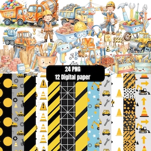 May include: A collection of construction-themed digital graphics featuring cartoon trucks, tools, and workers, alongside patterned digital papers with yellow and black hazard stripes, traffic cones, and excavators, labeled 24 PNG 12 Digital paper.