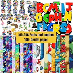 Puede incluir: Una colección digital con gráficos temáticos de Mario Galaxy, que incluye ilustraciones de personajes como Mario, Luigi y la princesa Rosalina, iconos de juegos, patrones coloridos y letras en bloque. El texto dice 100+PNG Fonts and number 100+ Digital paper.